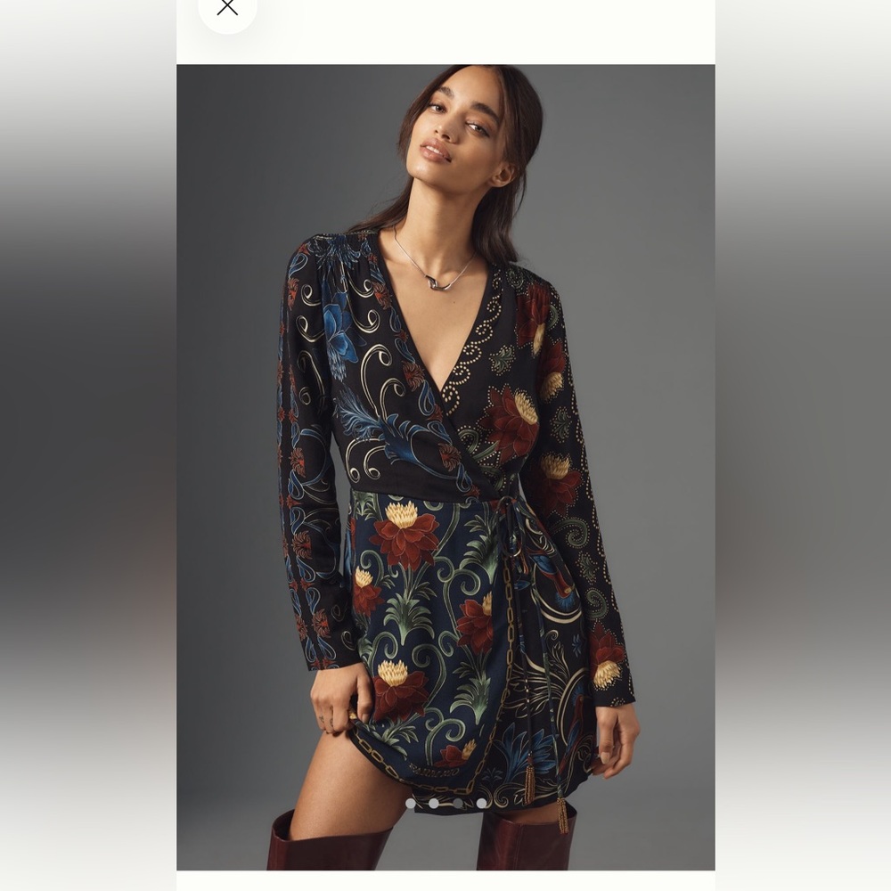 FARM Rio Black Floral Wrap Mini Dress with Multicolor Print - Picture 2 of 9